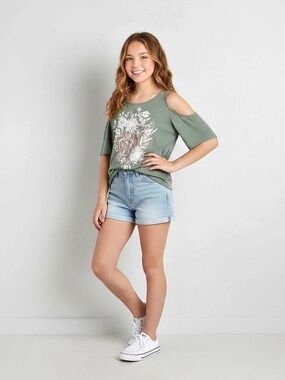 Mudd Cold Shoulder Floral Top in Green Size Small Like New